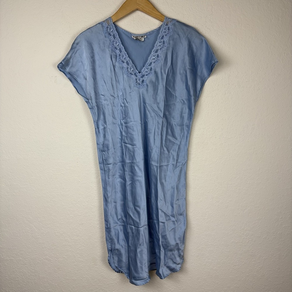 WinterSilks 100% Silk Lace Trim V-Neck Nightgown Blue Womens L Negligee Vtg